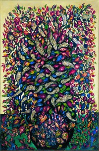 Séraphine Louis, dite Séraphine de Senlis, Fleurs ou Grand bouquet au vase noir et fond bleu, vers 1929